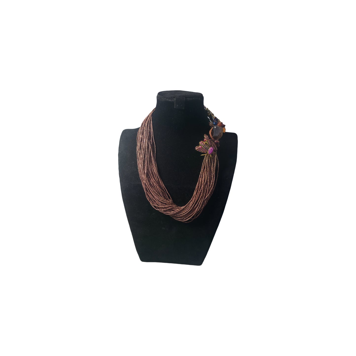 Handcrafted brown seed bead mutli strand statement necklace with insect inspired focal elements from the Opus collection