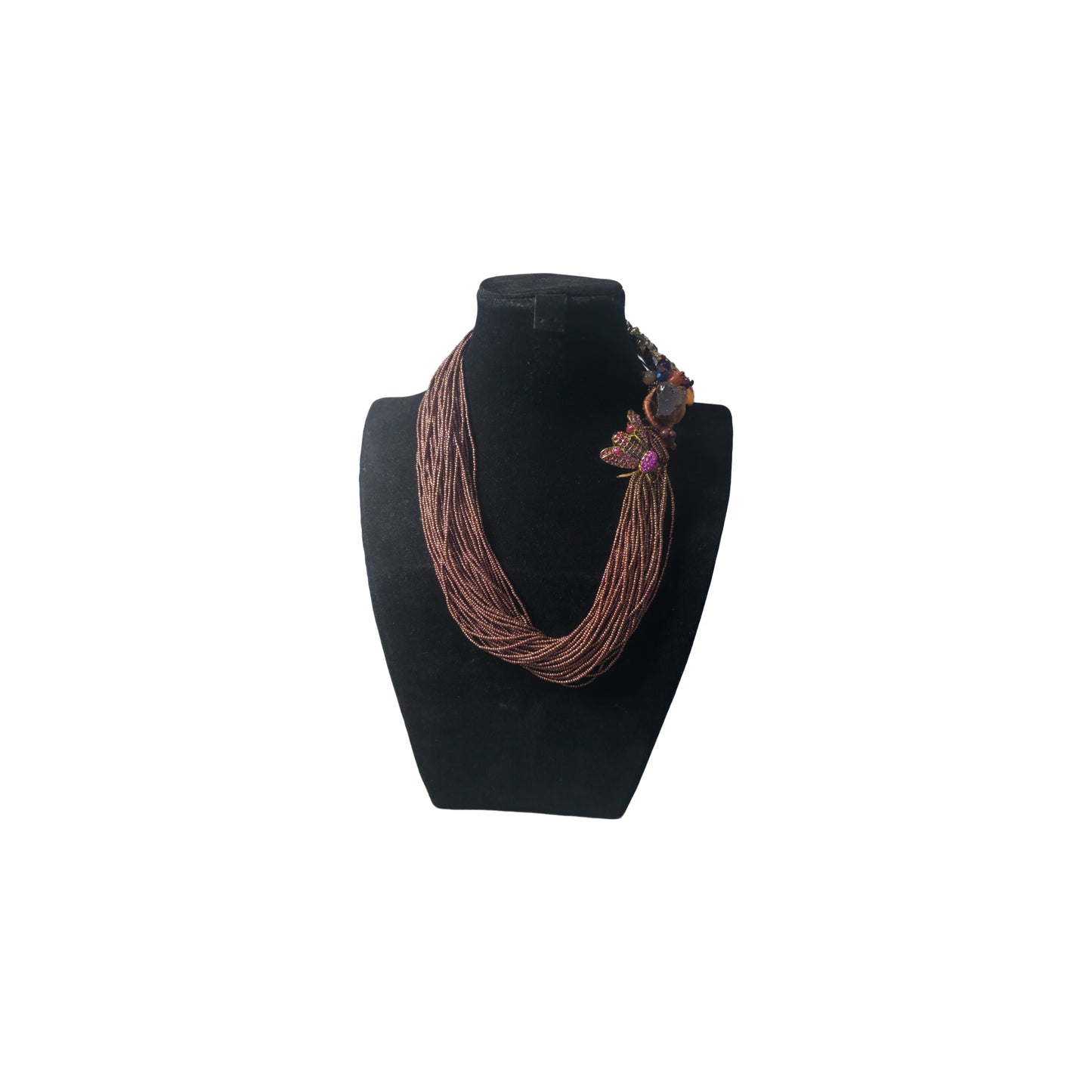 Brown Multistrand Statement Necklace on a black mannequin bust against a white background