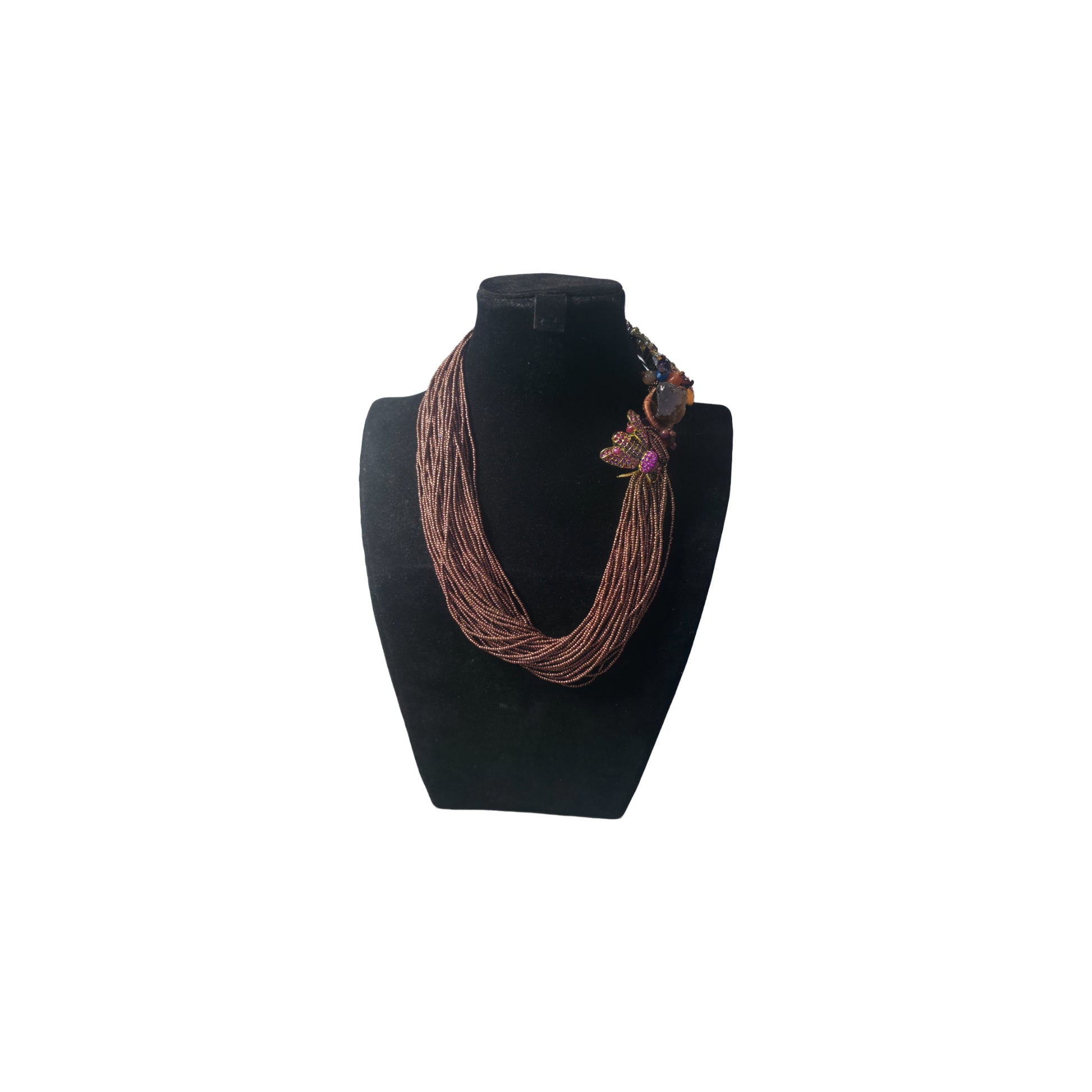 Brown Multistrand Statement Necklace on a black mannequin bust against a white background